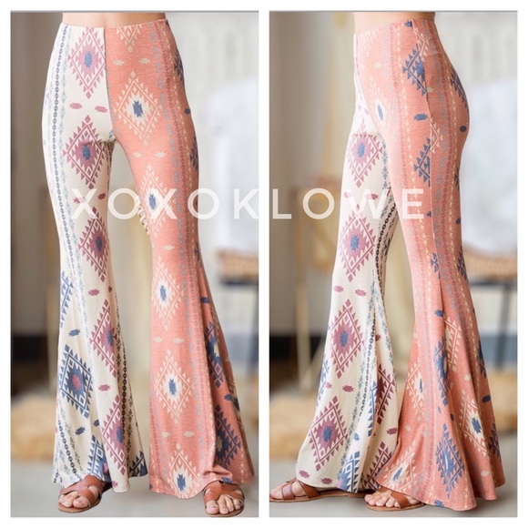 Aztec Print Half & Half Bell Bottom Flares High Waist Slim Fit - Picture 12 of 15